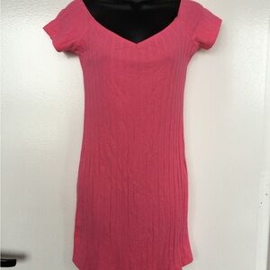 Pink Ribbed Short Sleeve Dress
